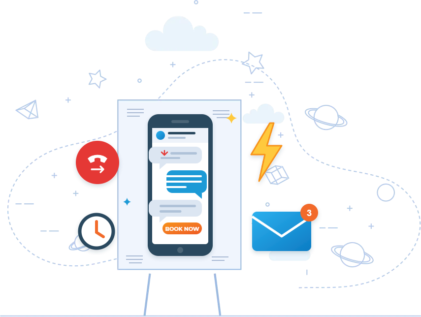 AI lead follow-up and missed-call text-back illustration with smartphone messages