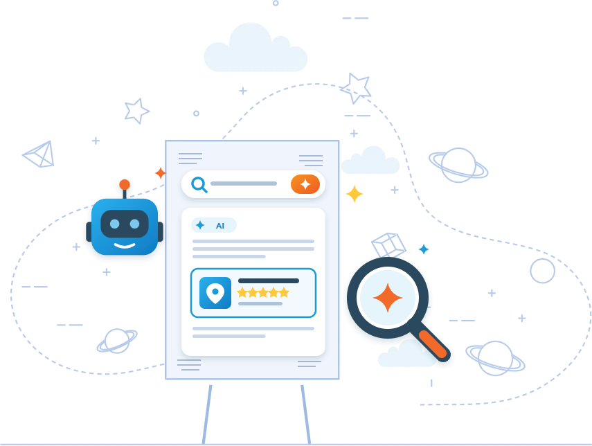 AI search optimization (GEO) illustration with AI answer and local business listing