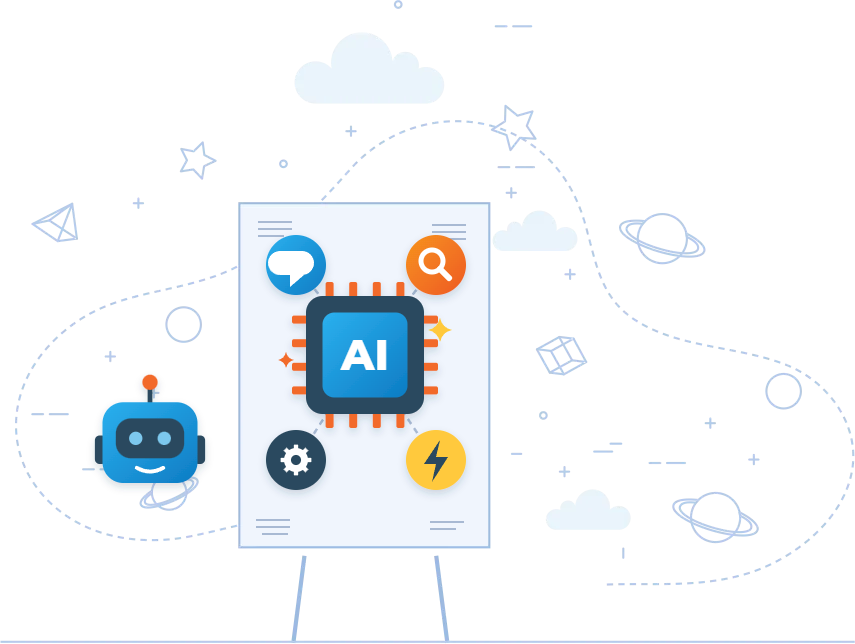 AI solutions for small businesses illustration with AI chip and robot assistant