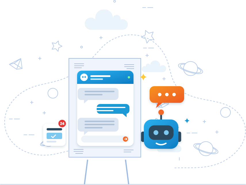 AI website chatbot illustration with chat window and robot assistant