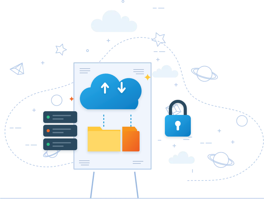 Cloud setup and migration illustration with cloud, folders and server