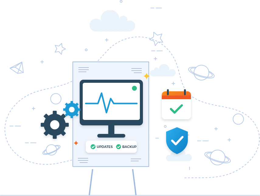 IT maintenance and monitoring illustration with system health monitor and gears