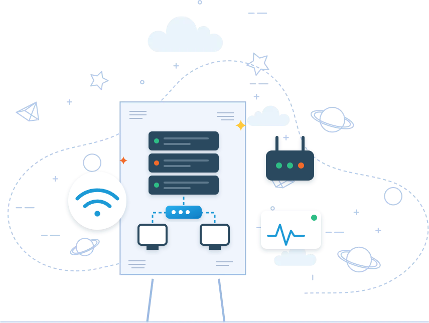 Network and server management illustration with server rack, router and Wi-Fi