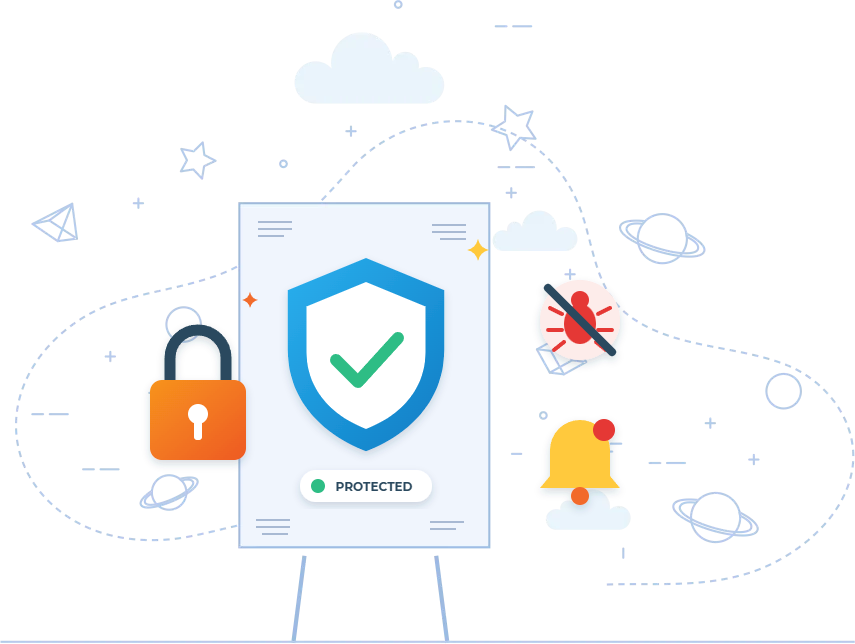 Website and IT security monitoring illustration with shield, lock and alert