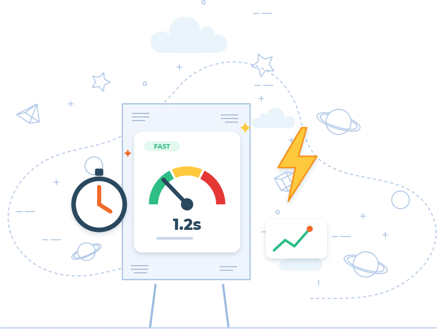 Website speed optimization illustration with speed gauge and stopwatch