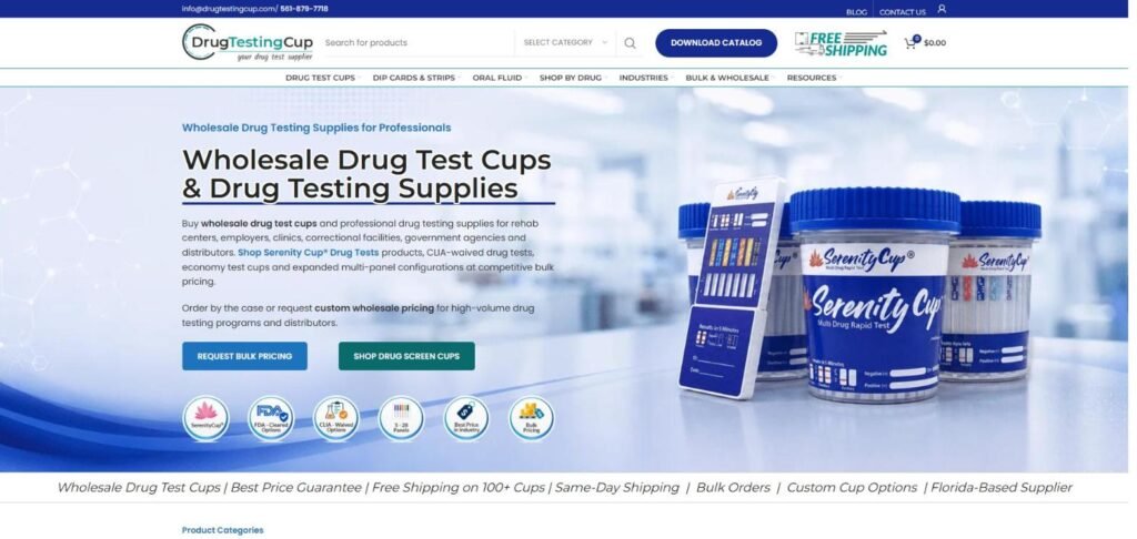 DrugTestingCup.com homepage - wholesale drug test cups eCommerce store built by BlueEyeWeb