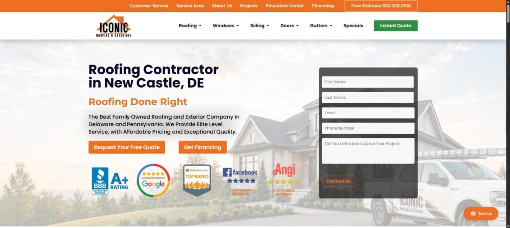 Iconic Roofing & Exteriors website homepage, roofing contractor in New Castle, Delaware