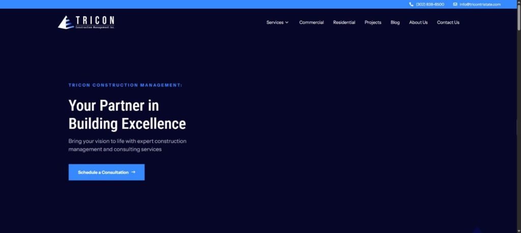 Tricon Construction Management website homepage, construction management firm in Delaware